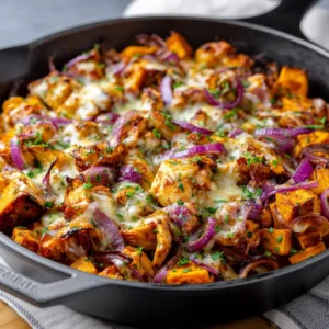 BBQ Chicken Sweet Potato Skillet made with tender sweet potatoes, smoky BBQ chicken, and melted cheese in one pan.