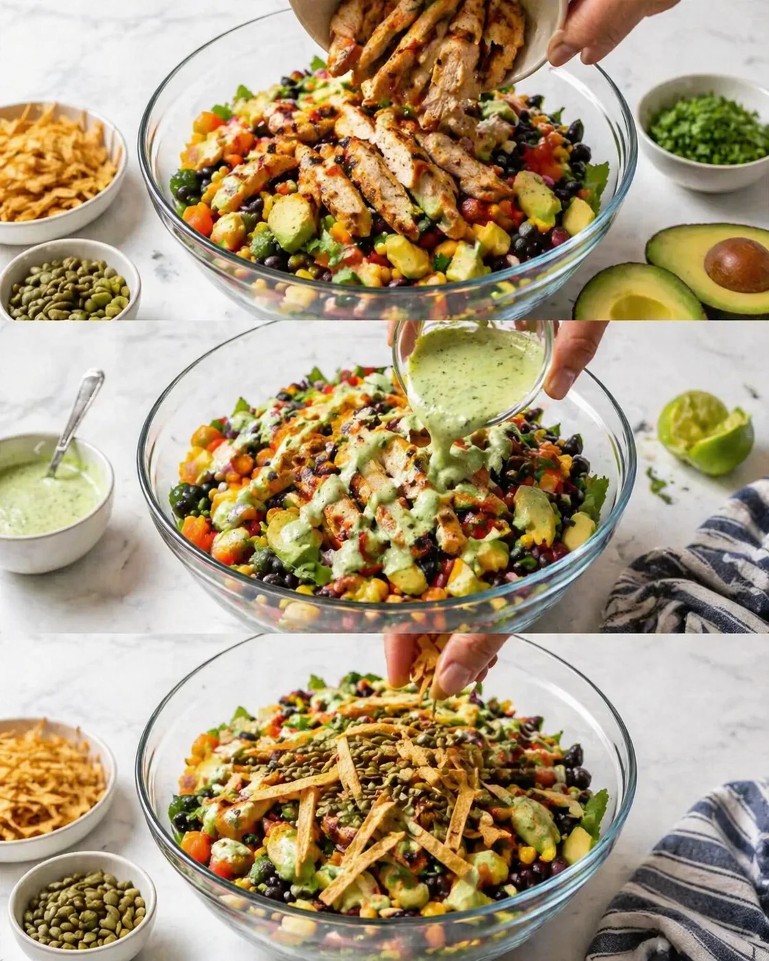 Cooked protein added to salad, dressing drizzled over greens, crunchy tortilla strips sprinkled on top.