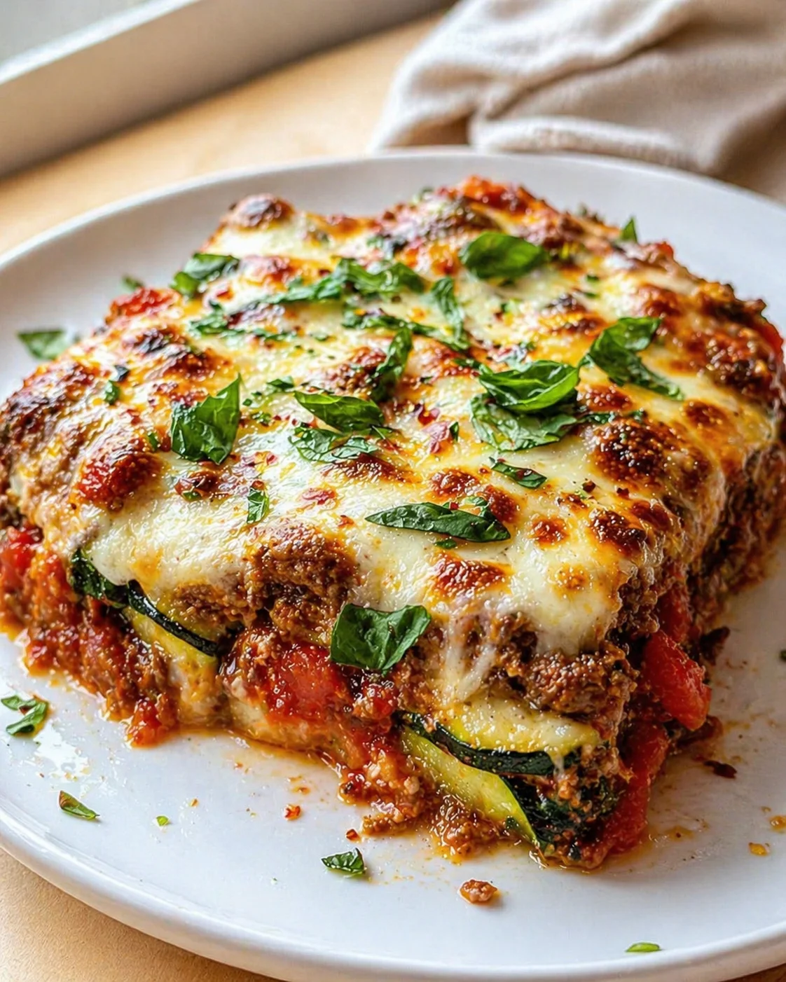 Single plated variation of Zucchini Pizza Casserole: A Game-Changer for Dinner Night shown in a natural kitchen scene