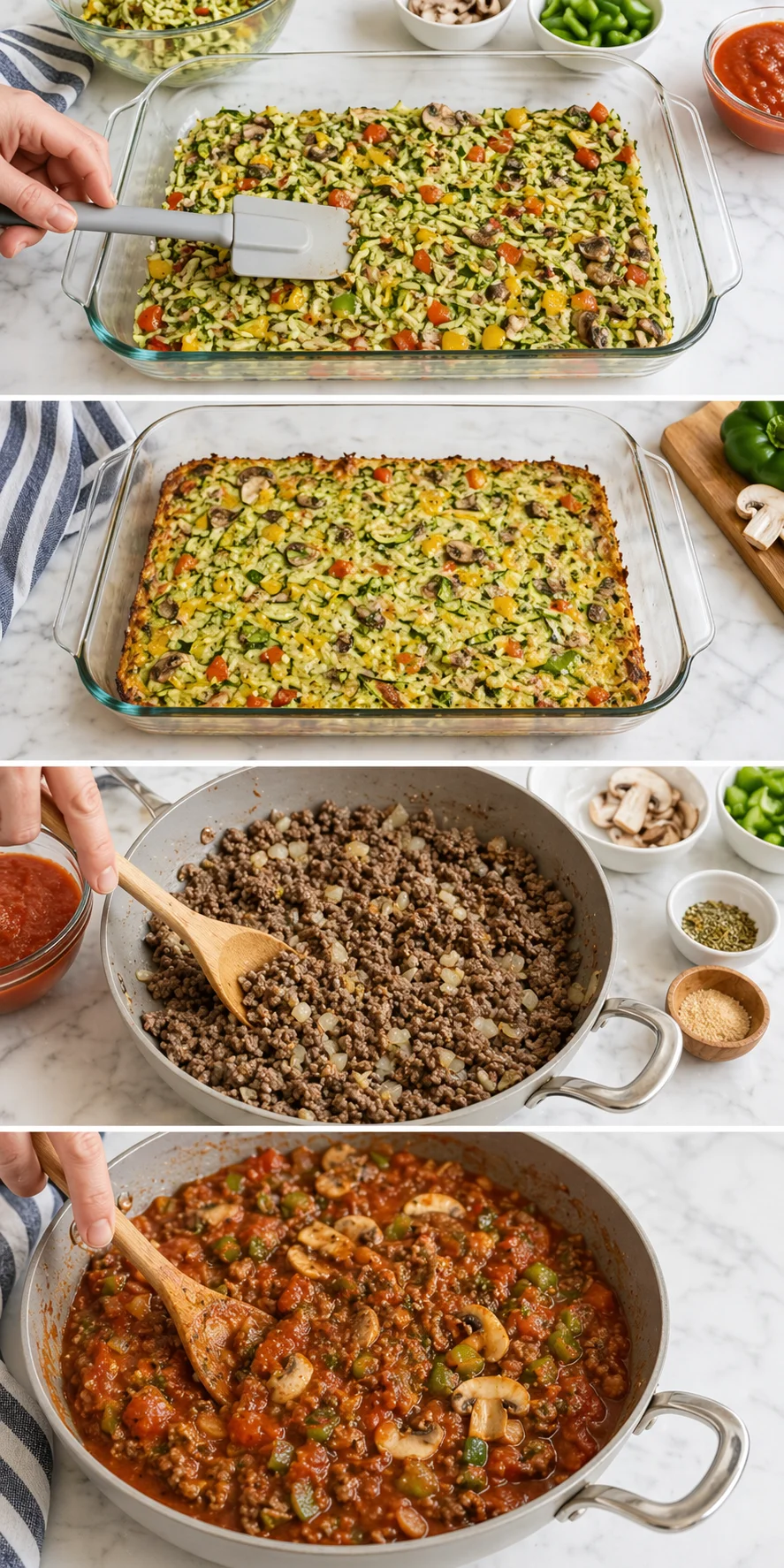 Zucchini crust pressed into greased 9×13 dish beside skillet of browned beef simmering with sauce, peppers, mushrooms.