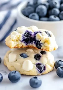 Broken blueberry cheesecake cookie showing soft interior texture with white chocolate chips and fresh blueberries scattered around