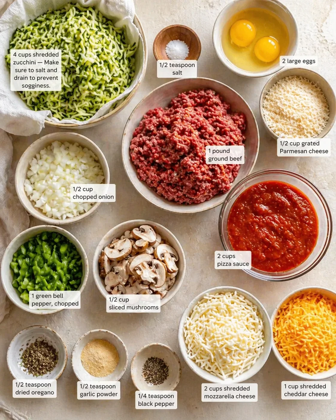Measured ingredients arranged for Zucchini Pizza Casserole: A Game-Changer for Dinner Night: 4 cups shredded zucchini — Make sure to salt and drain to prevent sogginess., 1/2 teaspoon salt — Draws excess moisture from th