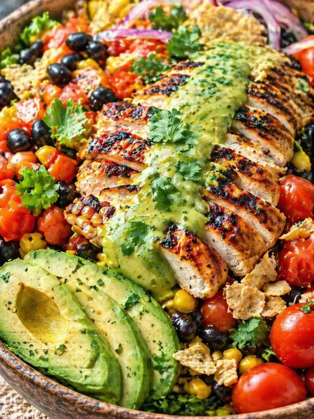 Final plated Southwest Salad with Cilantro Lime Dressing served as a hero shot