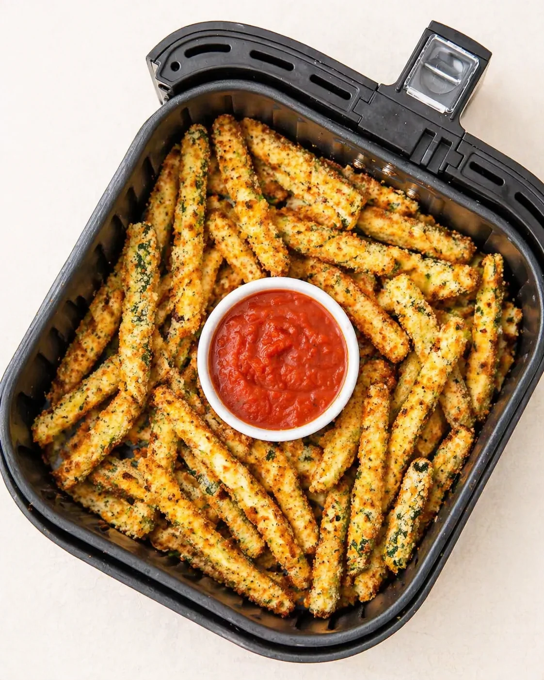 crispy, herb-coated fries in a black air fryer basket with a small bowl of marinara sauce