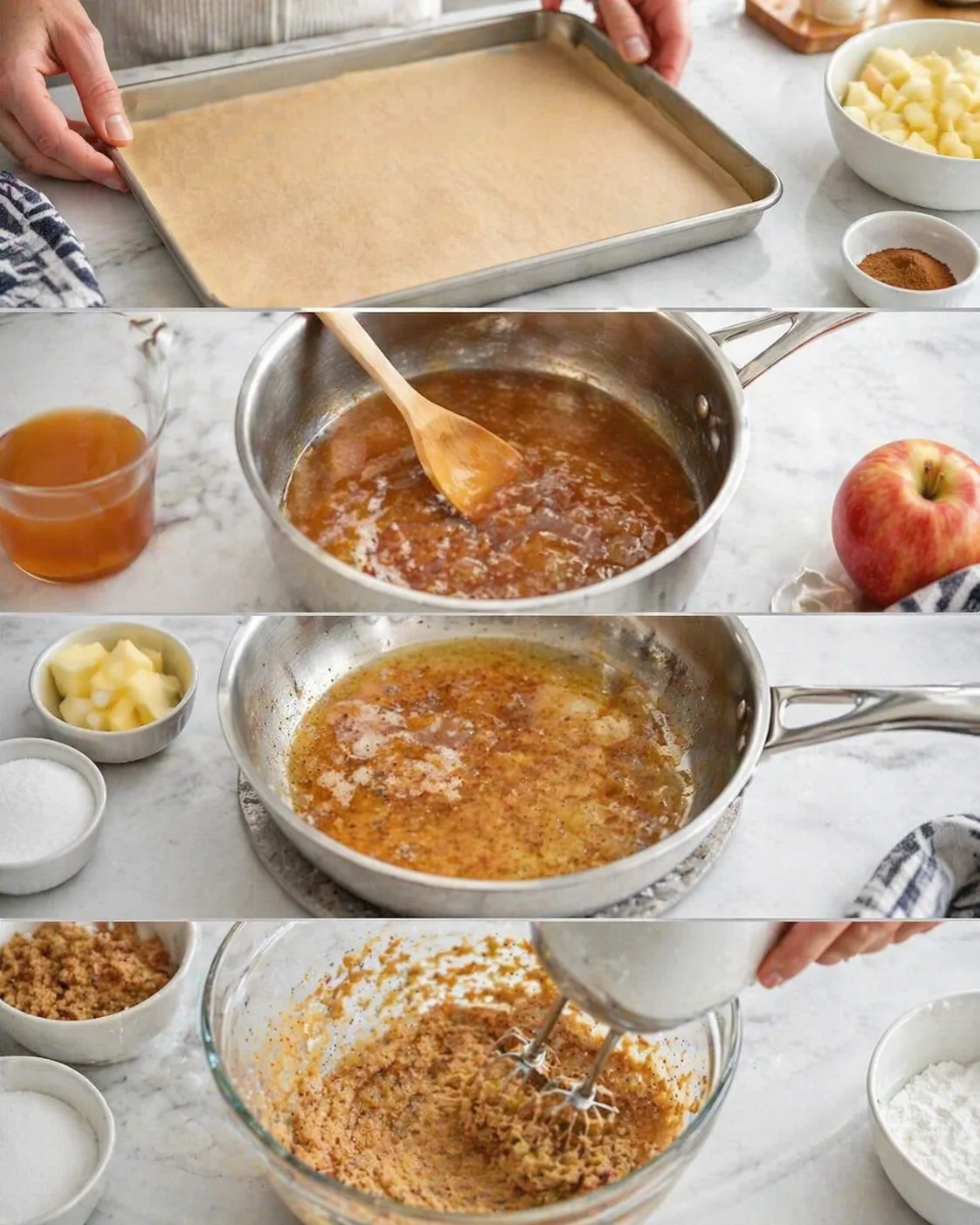 collage of kitchen steps for apple bars, including a parchment-lined pan, caramel sauce, apples, and crumble mixture.