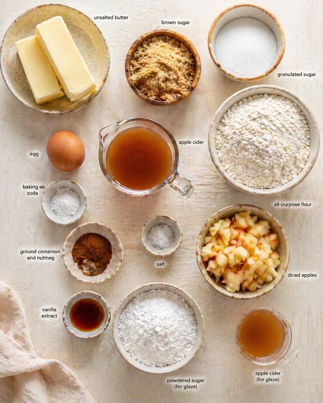 Flat lay of baking ingredients arranged in bowls: butter, sugars, flour, diced apples, spices, and apple cider.