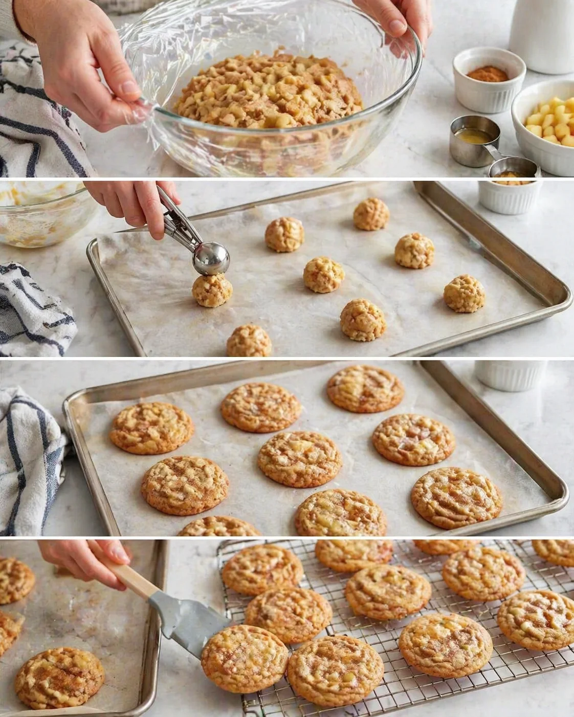 four-panel collage showing cookie dough mixing, shaping, baking, and cooling on parchment-lined sheets