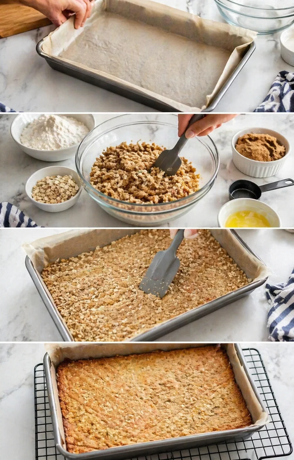 Multi-panel collage showing steps to bake oat crumble bars: lining pan, mixing crumbs, pressing, baking.