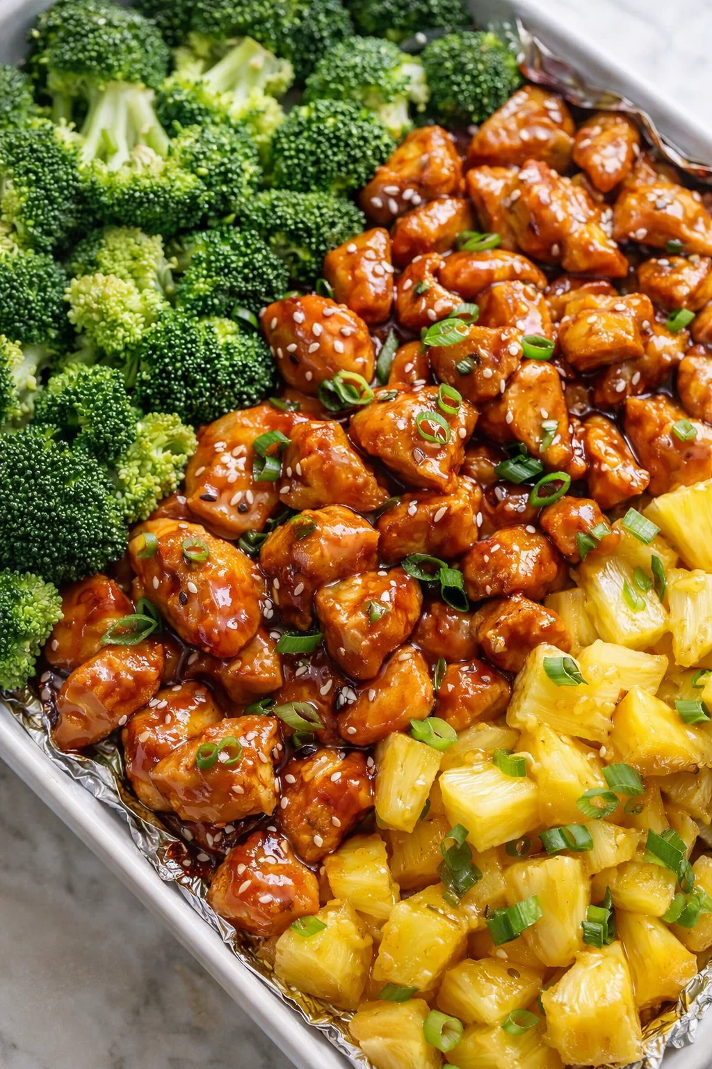 Final plated Sweet Sheet Pan Pineapple Chicken and Broccoli - thegirlskitchen served as a hero shot