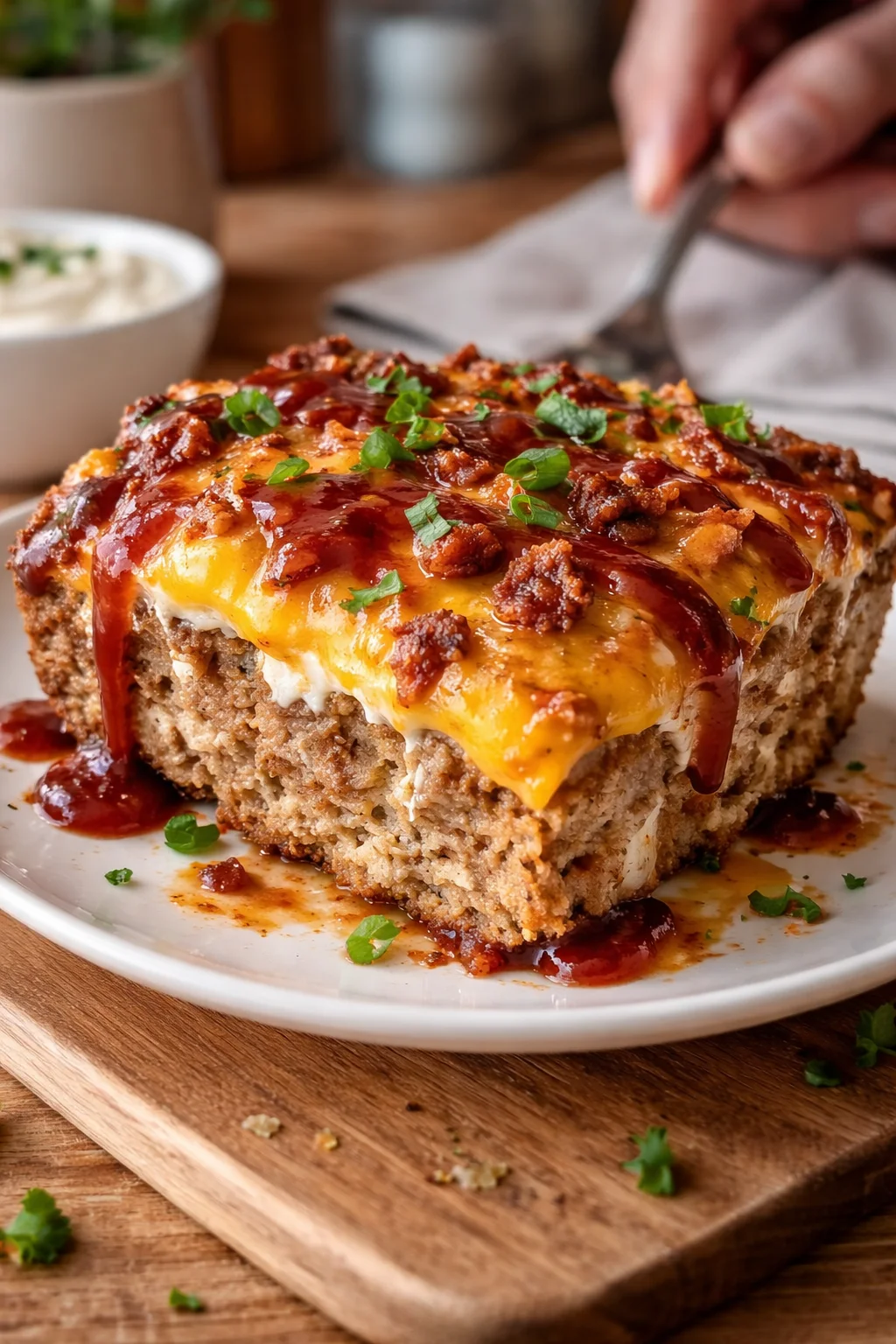 thick slice of bacon-cheddar meatloaf on a white plate with bbq sauce and herbs