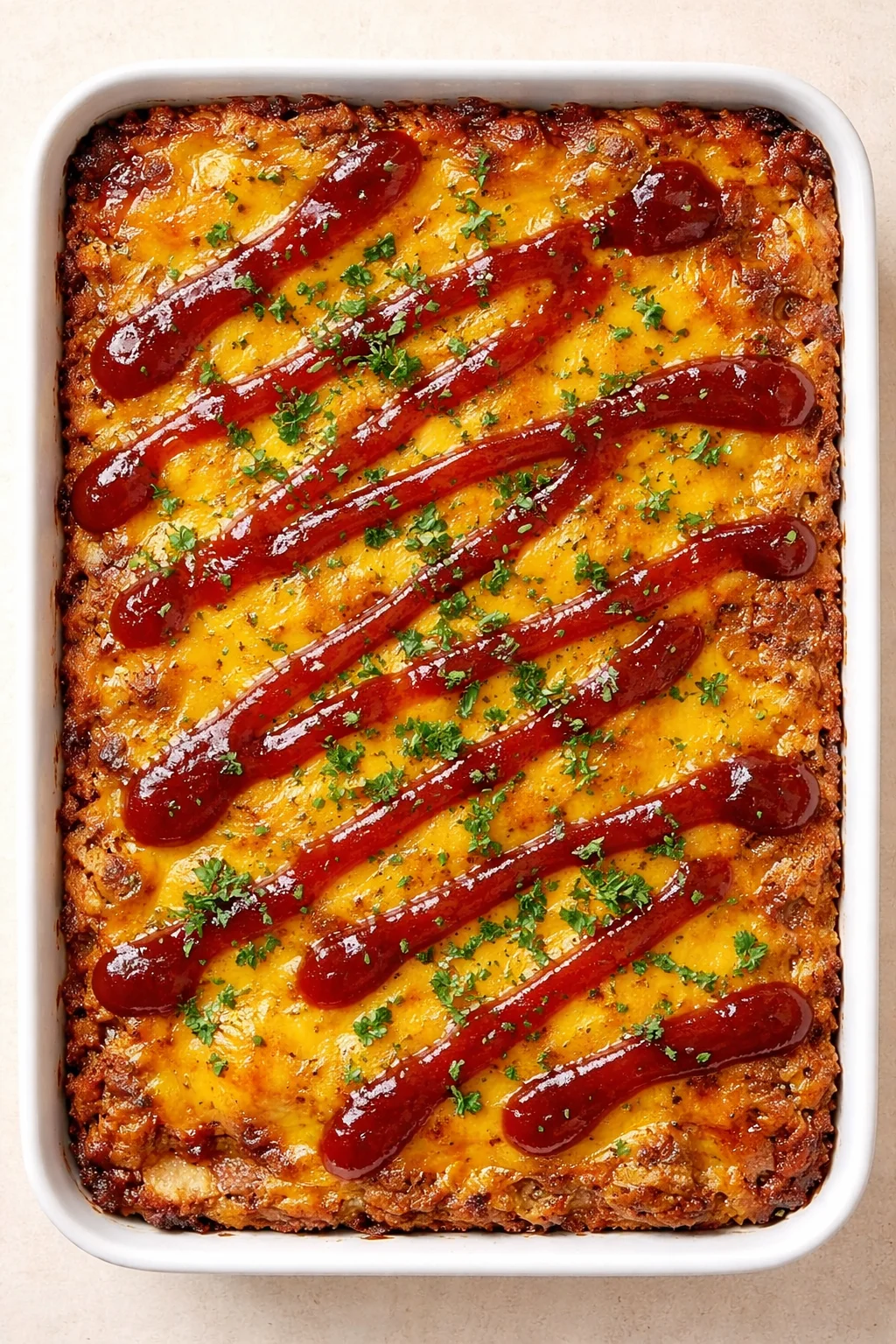 golden-brown cheesy casserole in a white baking dish with red sauce drizzle and parsley.