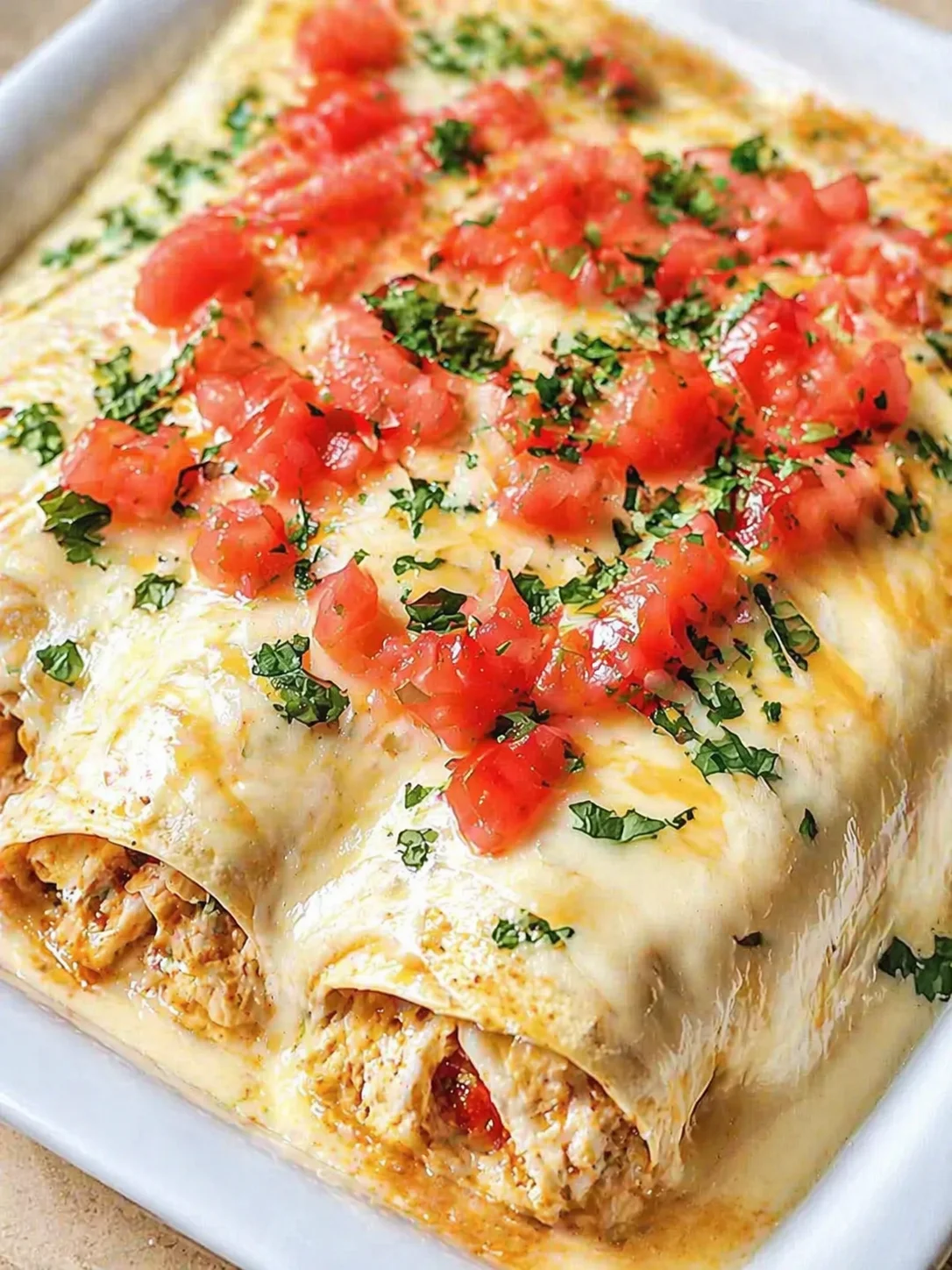 rolled enchiladas covered in melted cheese, topped with diced tomatoes and cilantro on a white baking dish