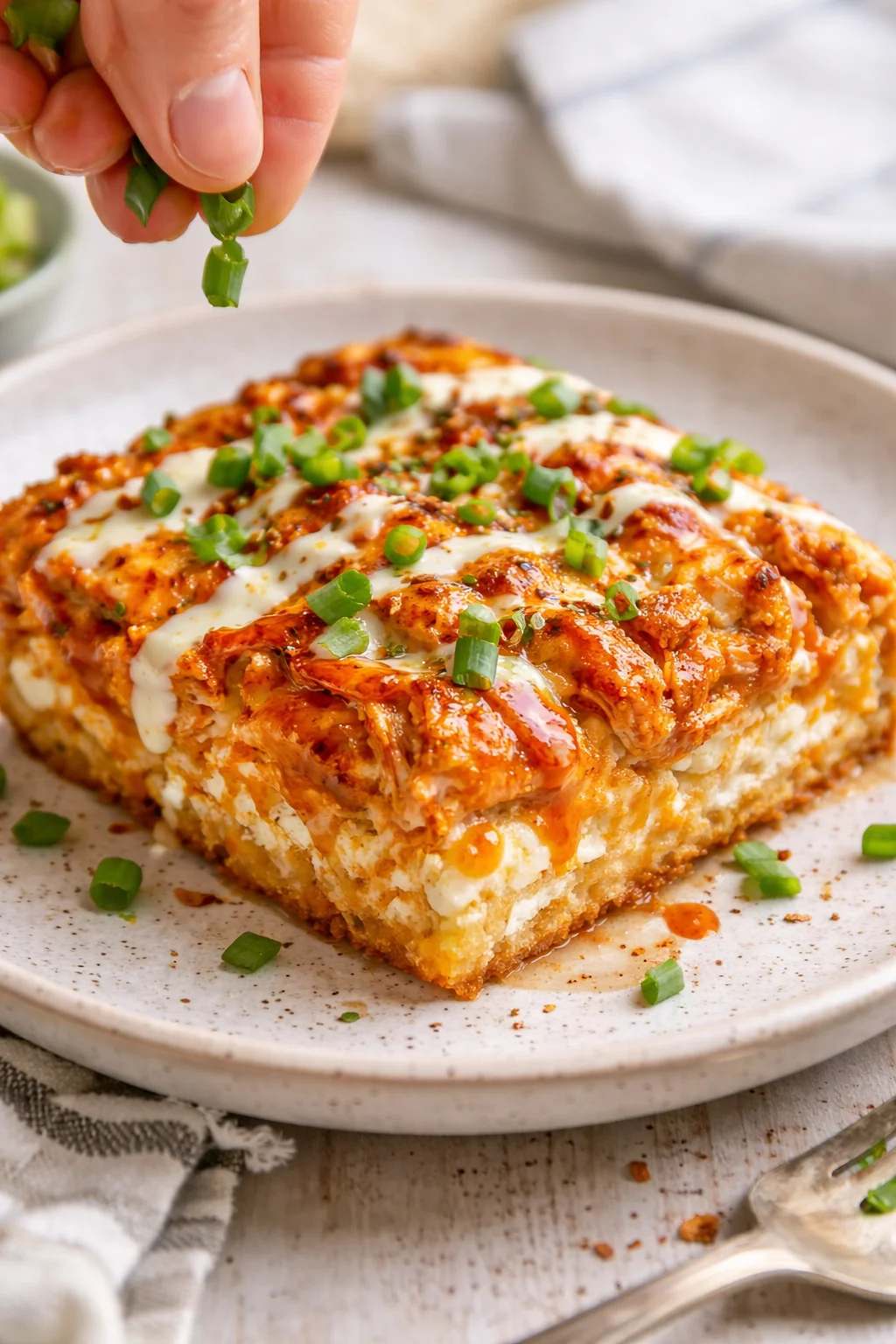 square slice of cheesy baked lasagna topped with green onions on a speckled white plate.