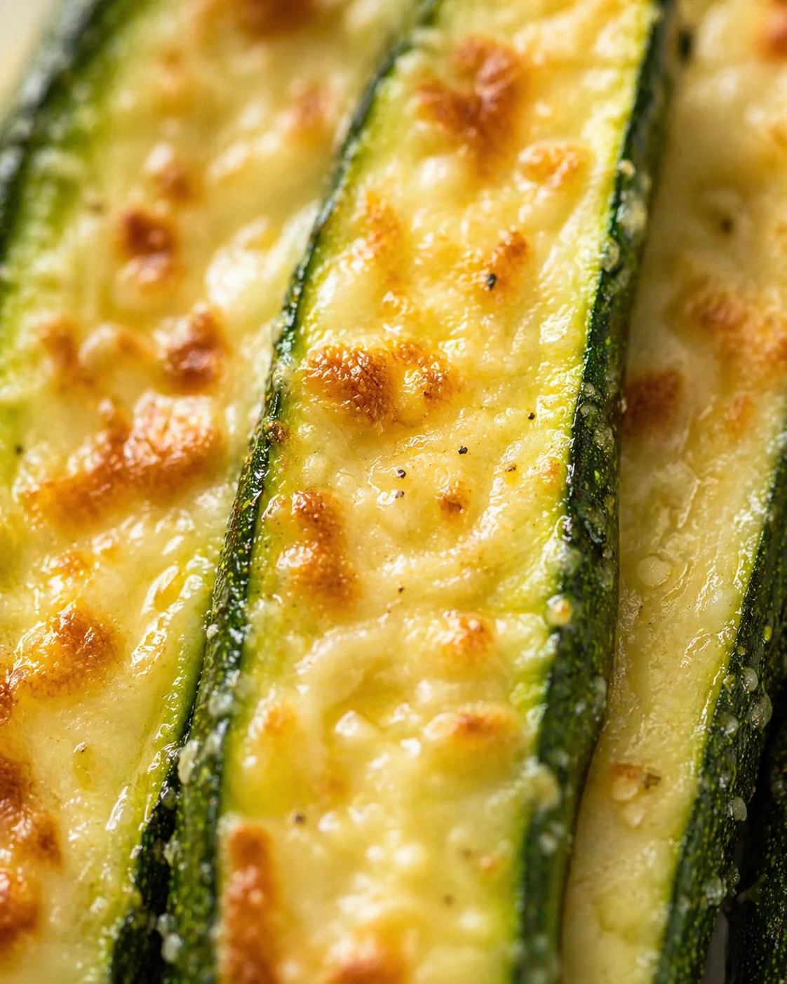 Close-up of baked zucchini slices topped with melted cheese and golden-brown tops