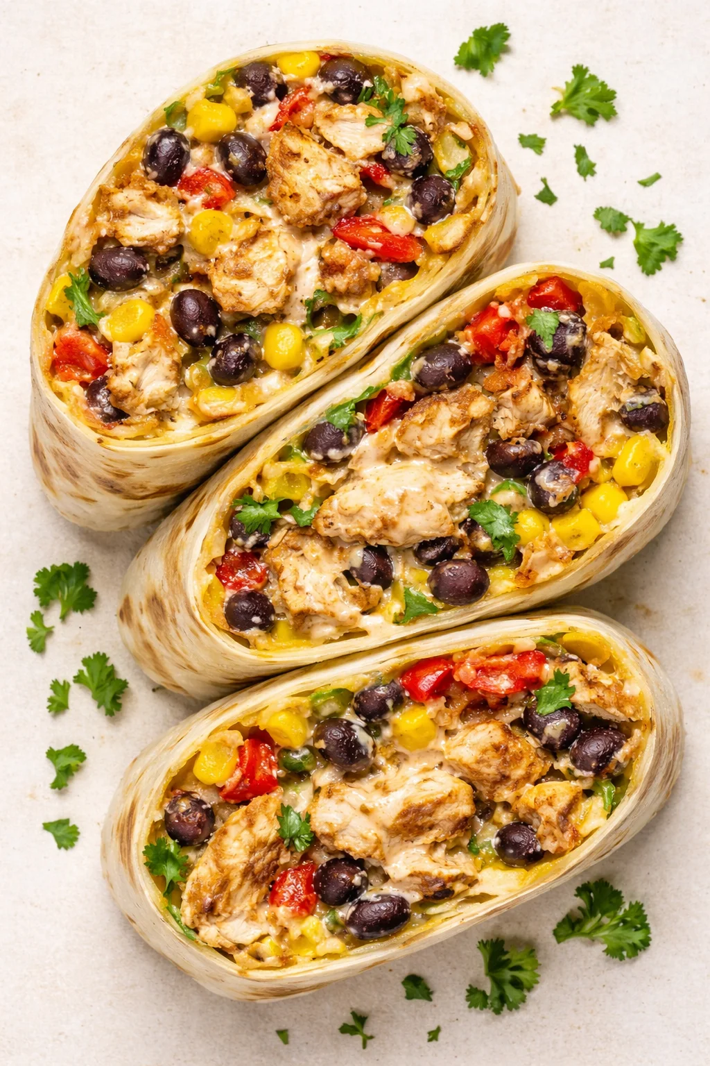 Three hollowed tortillas filled with chicken, black olives, corn, peppers, and melted cheese on a light background garnished with cilantro.