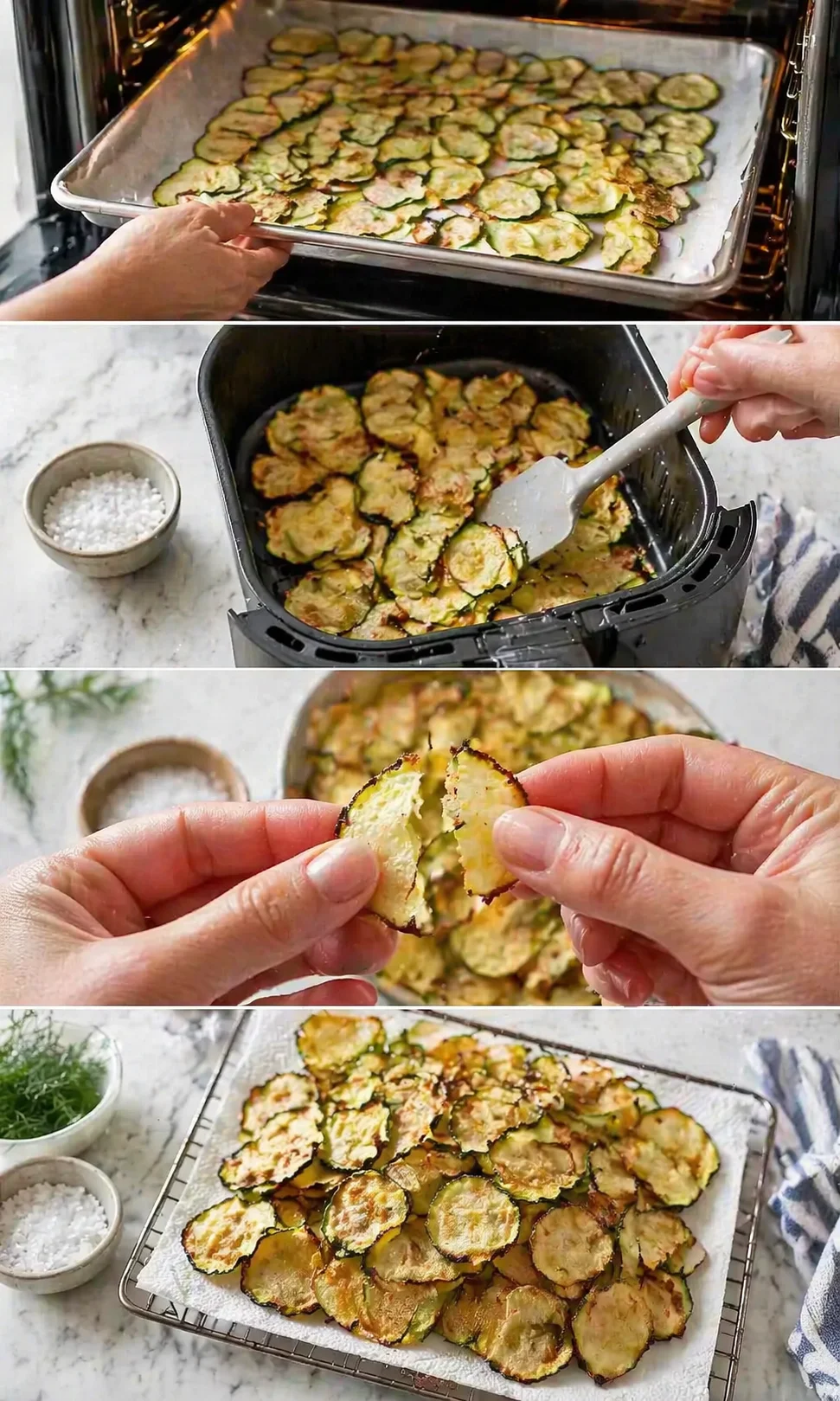 collage showing zucchini chips baking, air fryer, being broken, and cooling on a rack