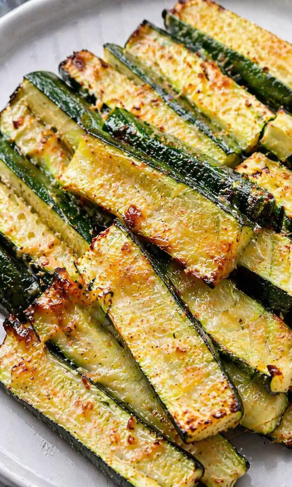 Close-up of golden baked zucchini slices with melted cheese on a light plate