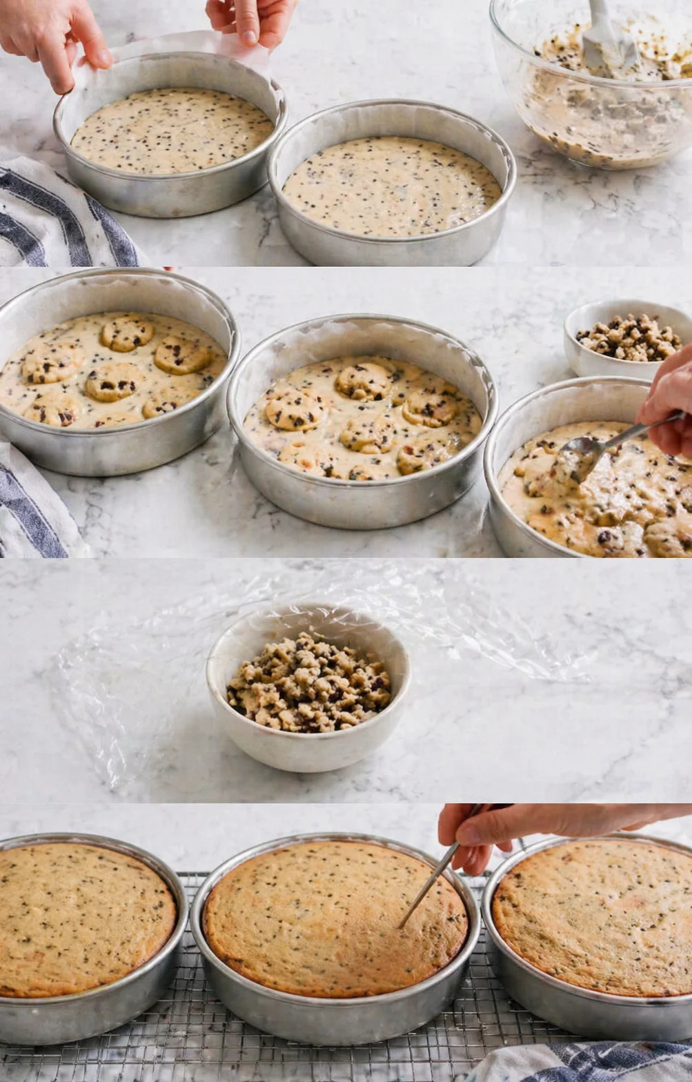 Round metal pans filled with batter and banana slices on a marble countertop, ready to bake.