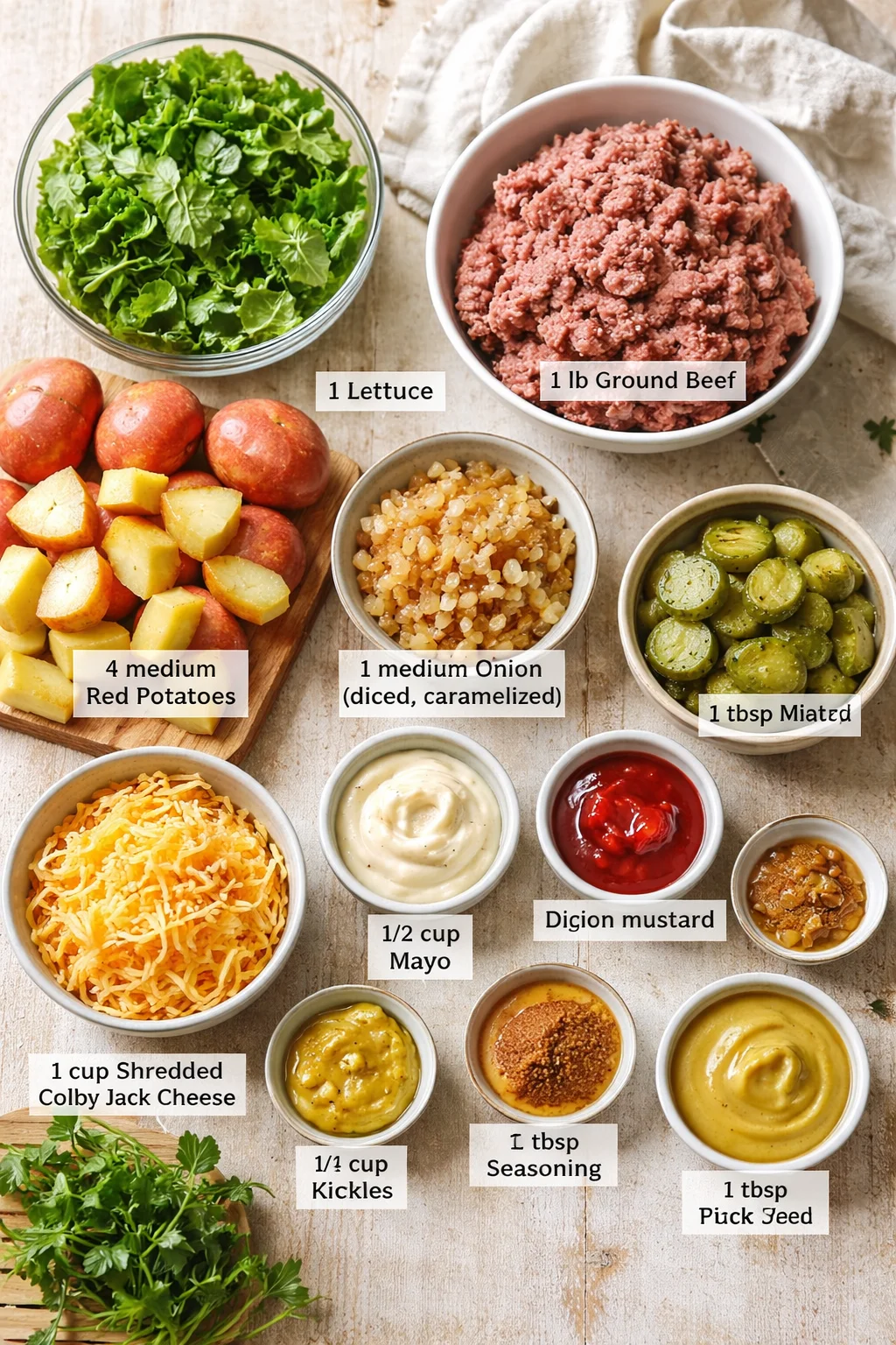Top-down view of a rustic kitchen counter with lettuce, ground beef, potatoes, onions, pickles, cheese and condiments arranged for a recipe photo.