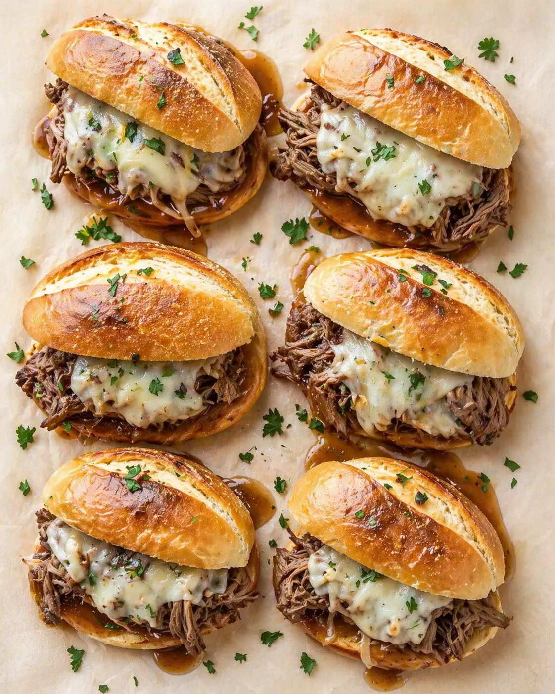 Eight mini beef sliders topped with melted cheese on parchment-lined sheet.