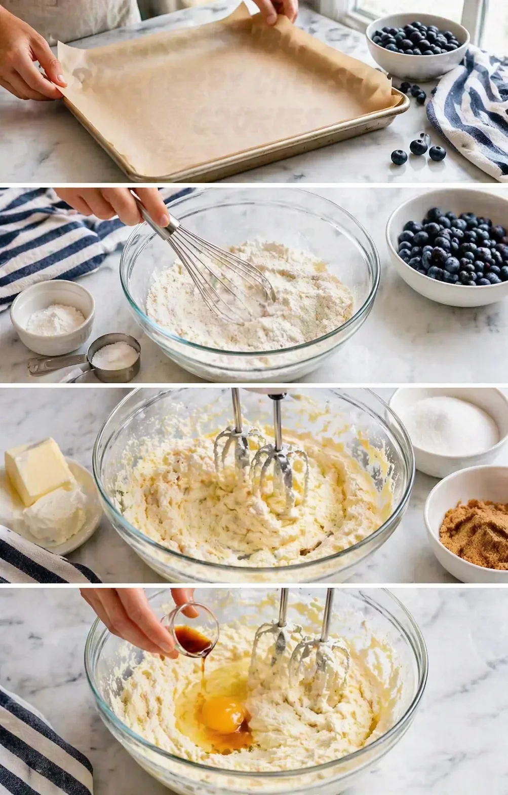 four-panel collage of baking steps: pan lined, dry ingredients whisked, butter-sugar creamed, eggs added.