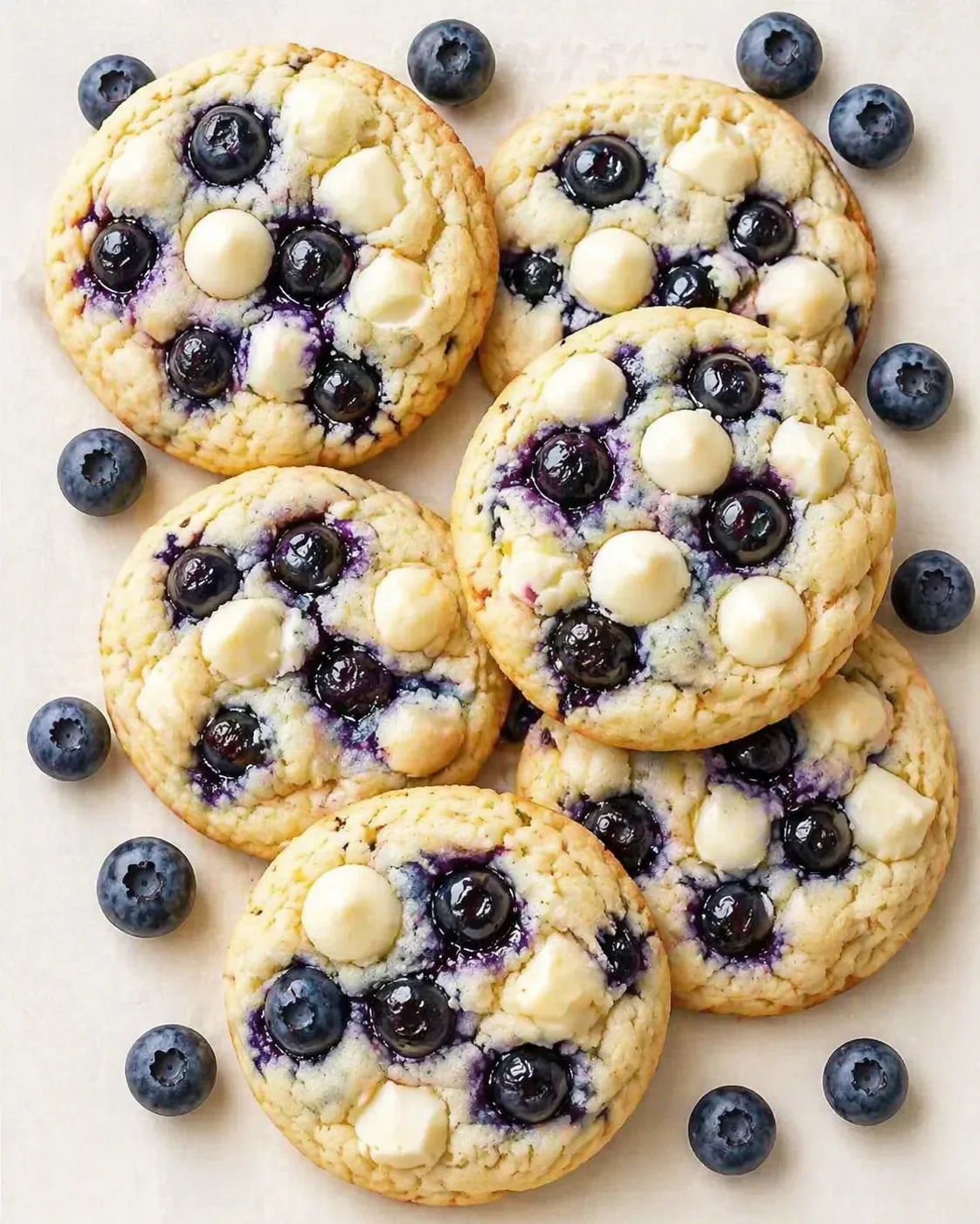 six blueberry-topped cookies with white dollops on parchment, surrounded by fresh blueberries