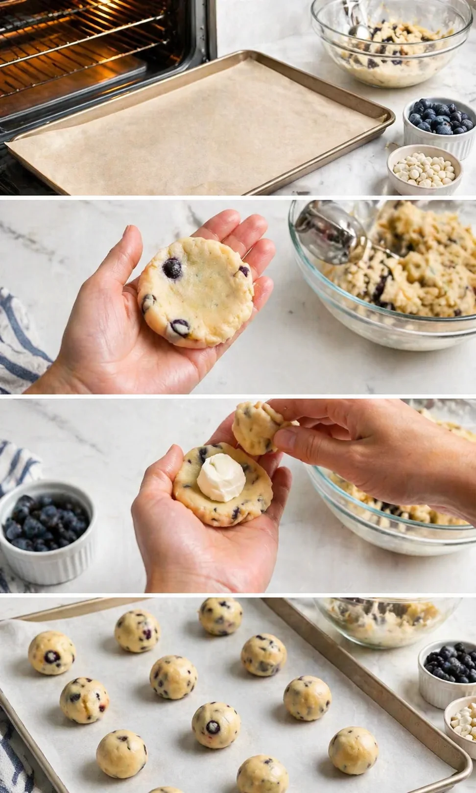 four-panel collage showing blueberry dough and cookies being formed and baked