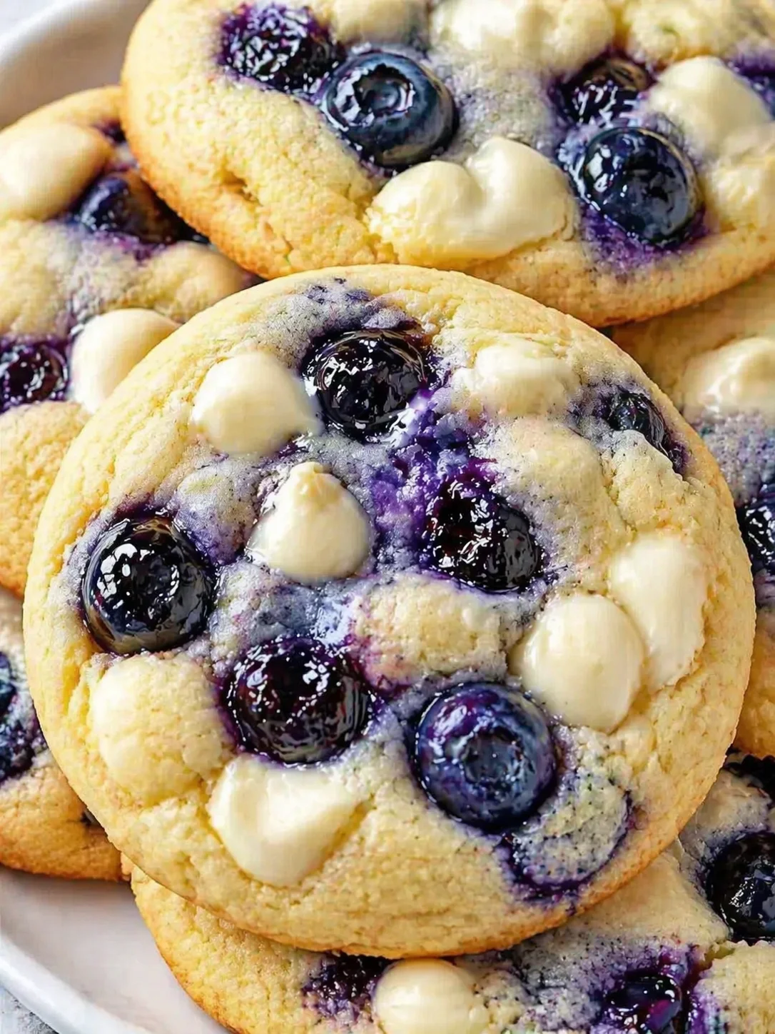 Close-up of blueberry-topped cookies with white cream dollops on a plate.
