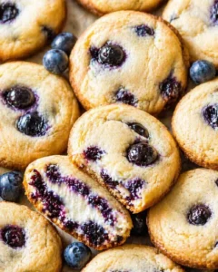 Close-up of golden blueberry shortbread cookies with blueberry-filled centers and scattered blueberries.
