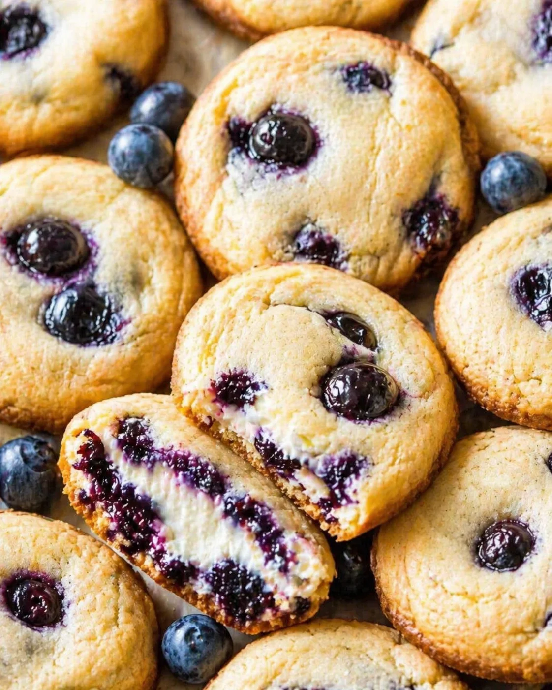 Close-up of golden blueberry shortbread cookies with blueberry-filled centers and scattered blueberries.