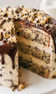 Close-up of a blueberry-streusel cake with glossy chocolate ganache and crumb topping.