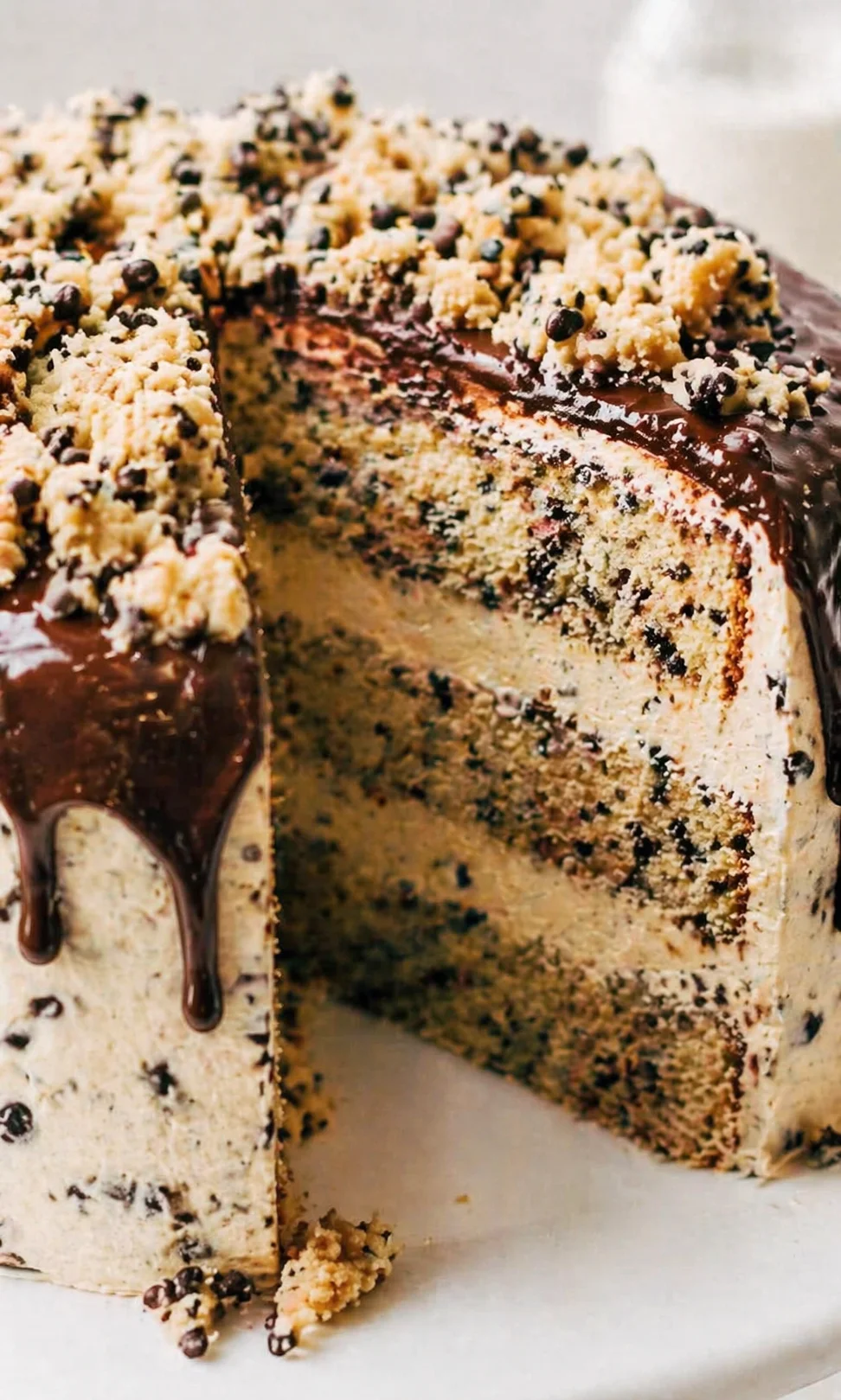 Close-up of a blueberry-streusel cake with glossy chocolate ganache and crumb topping.