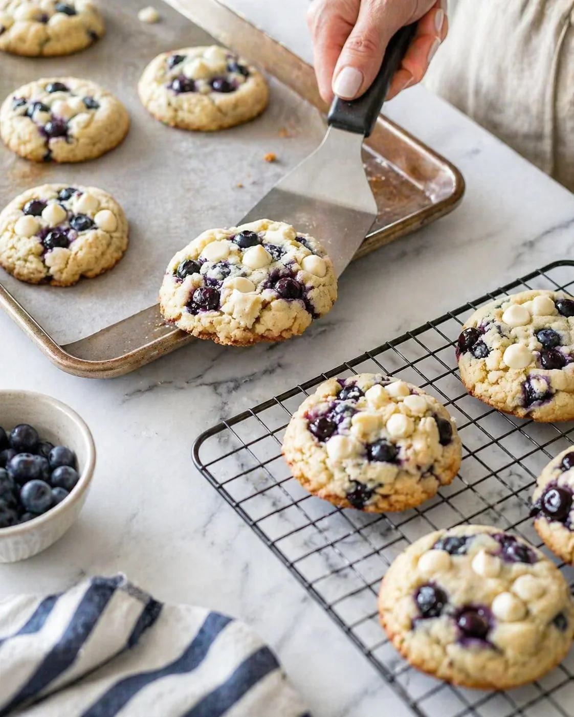Fresh blueberry cookies with white chocolate chips cooling on rack and parchment.