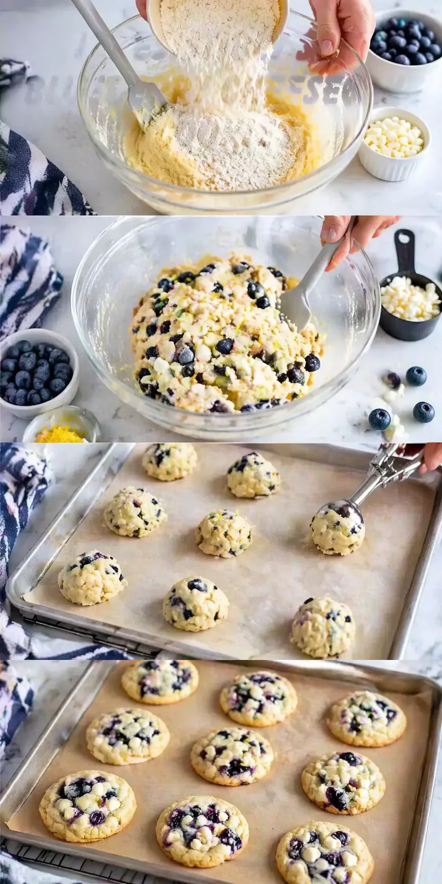 collage of dough being mixed, blueberries folded in, scooped onto parchment, and cookies on a baking sheet