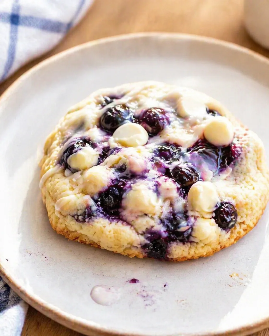 a blueberry studded scone with white chocolate chips on a plate