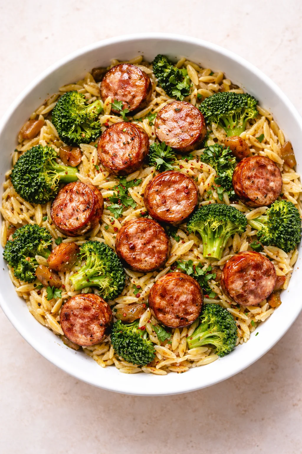 white bowl of pasta with browned sausage slices, broccoli florets, and parsley
