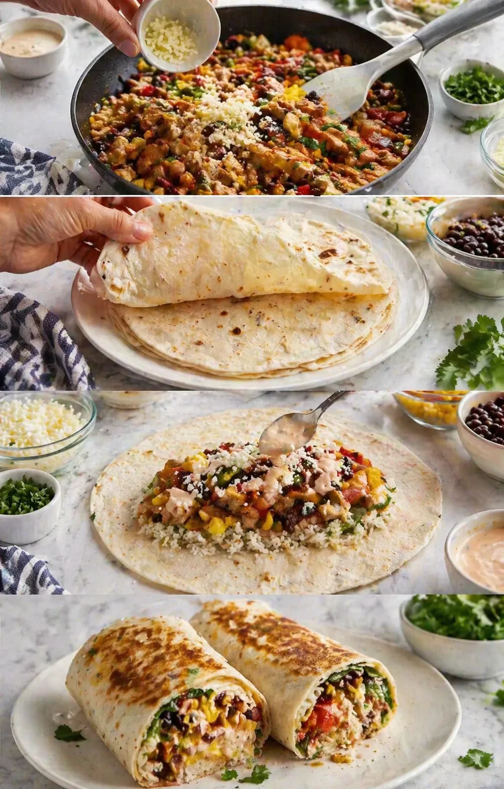 collage showing burrito-making steps: pan filling, tortilla stacking, assembly, and rolled burritos