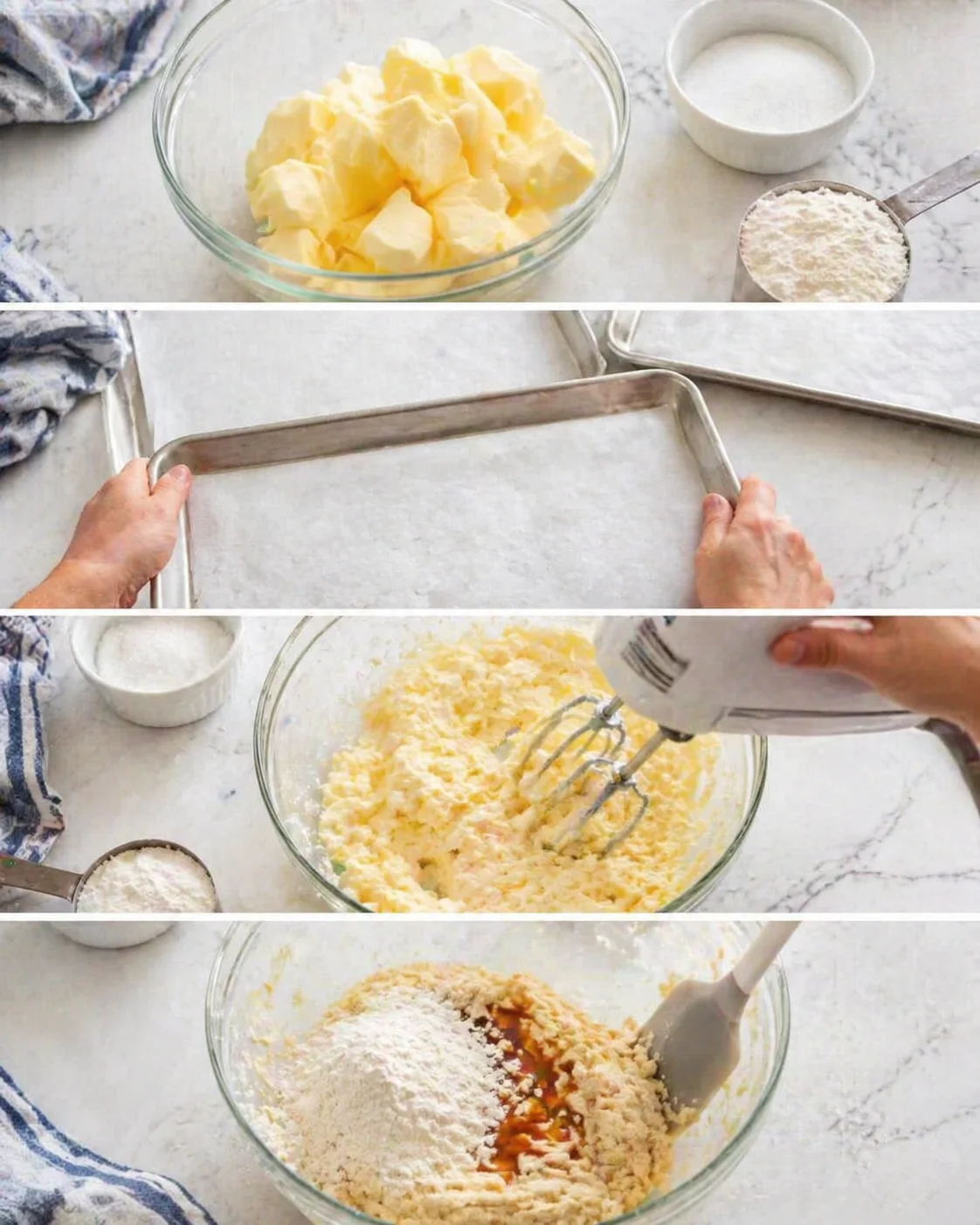 Top-down collage showing butter cubes, measuring cups, and hands mixing batter in a glass bowl.