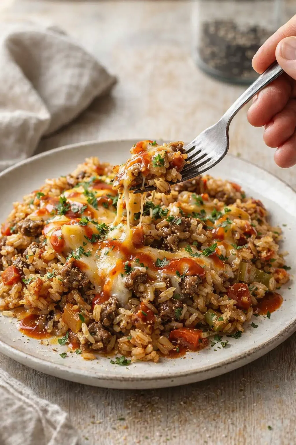 Plate of seasoned beef and rice with melted cheese, tomato sauce, and parsley.