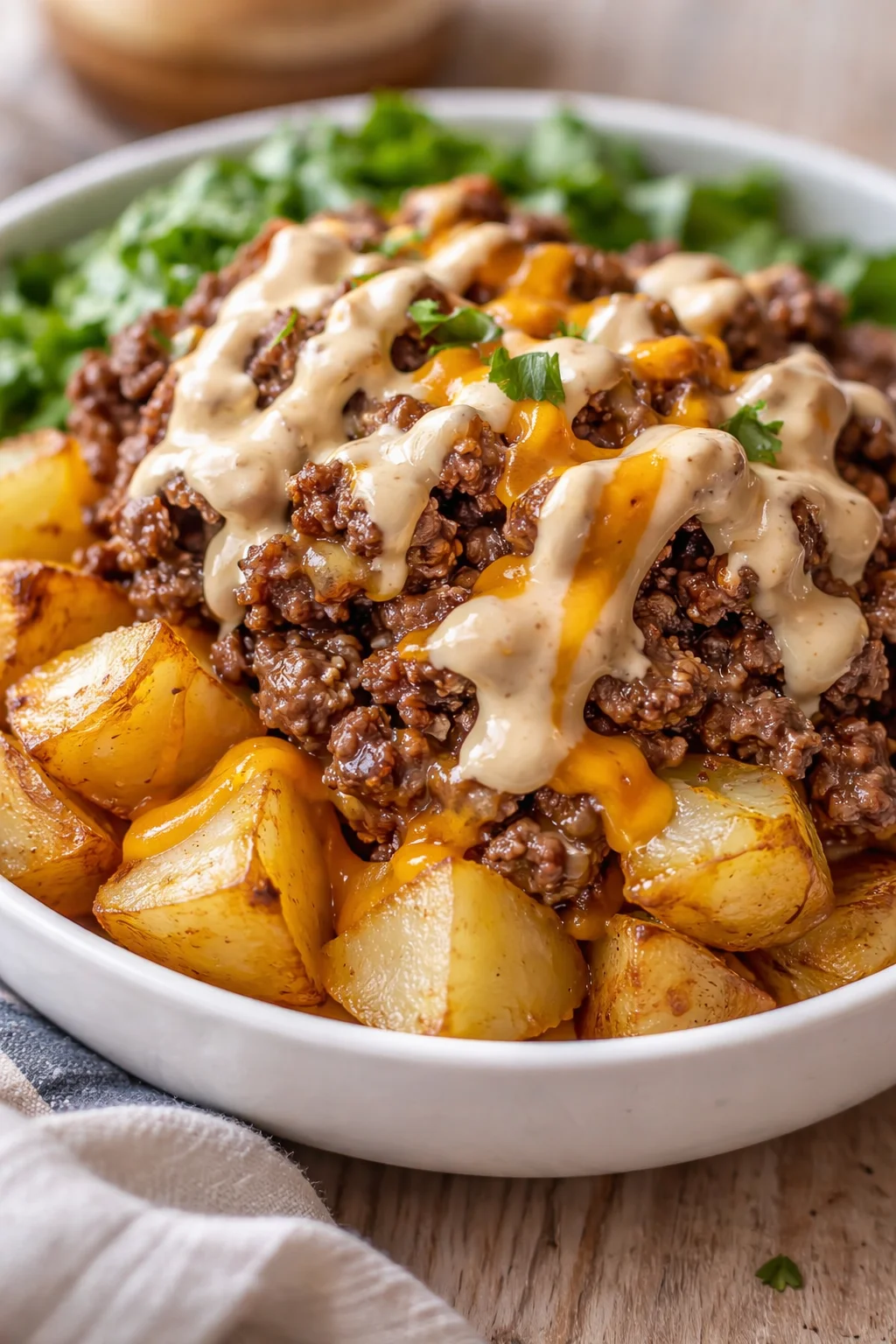 Bowl of roasted potatoes topped with beef, drizzled creamy sauce and cheese, garnished with parsley