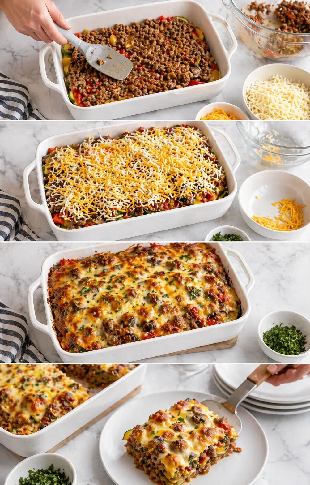 white baking dish with minced beef and bell peppers, topped with melted cheese in a bright kitchen