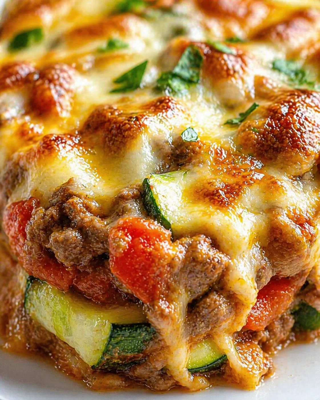 close-up of bubbling cheese-topped beef and zucchini casserole on a white plate