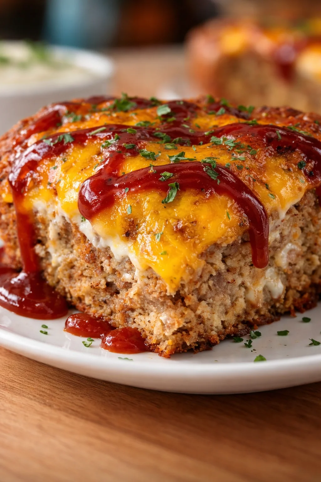 Close-up of a cheesy meatloaf with cheddar cheese and red glaze on a white plate.