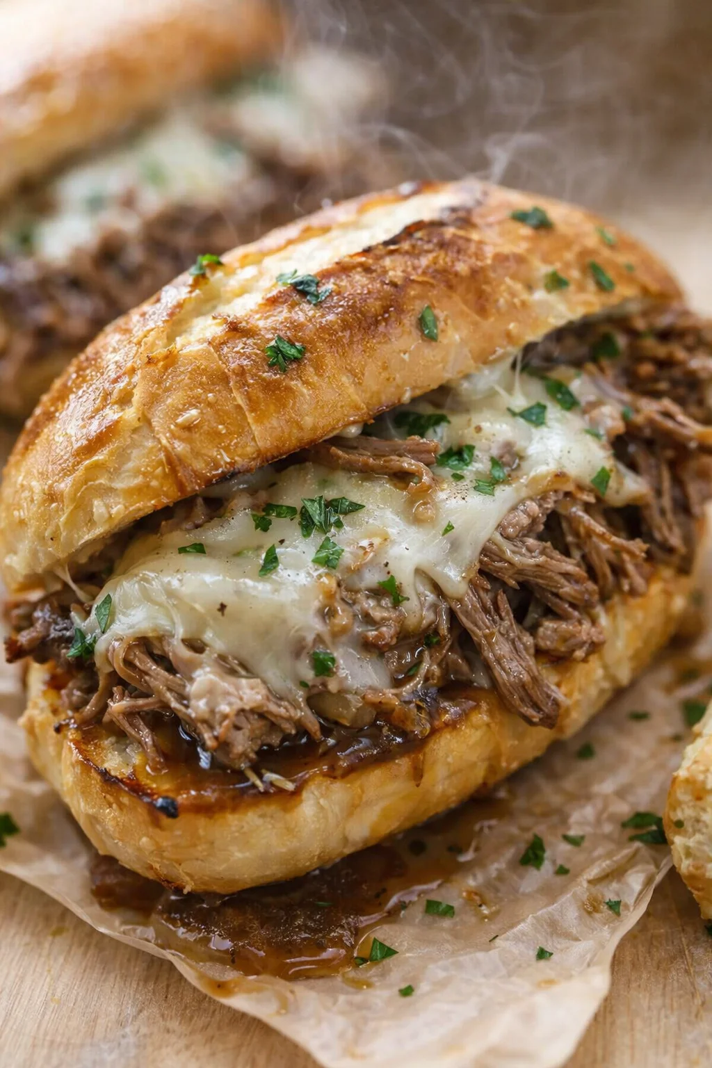 close-up of a juicy pulled beef sandwich with melted cheese on a toasted brioche bun, sprinkled with parsley