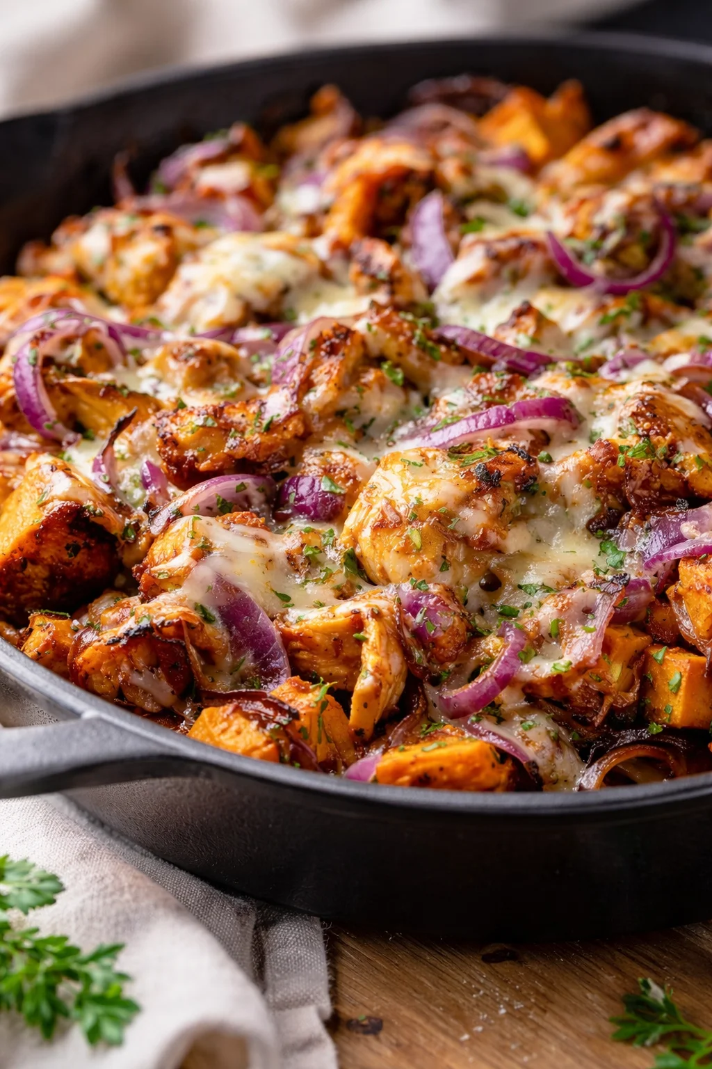 cast-iron skillet filled with crispy chicken, red onion slices, melted cheese, and herbs.