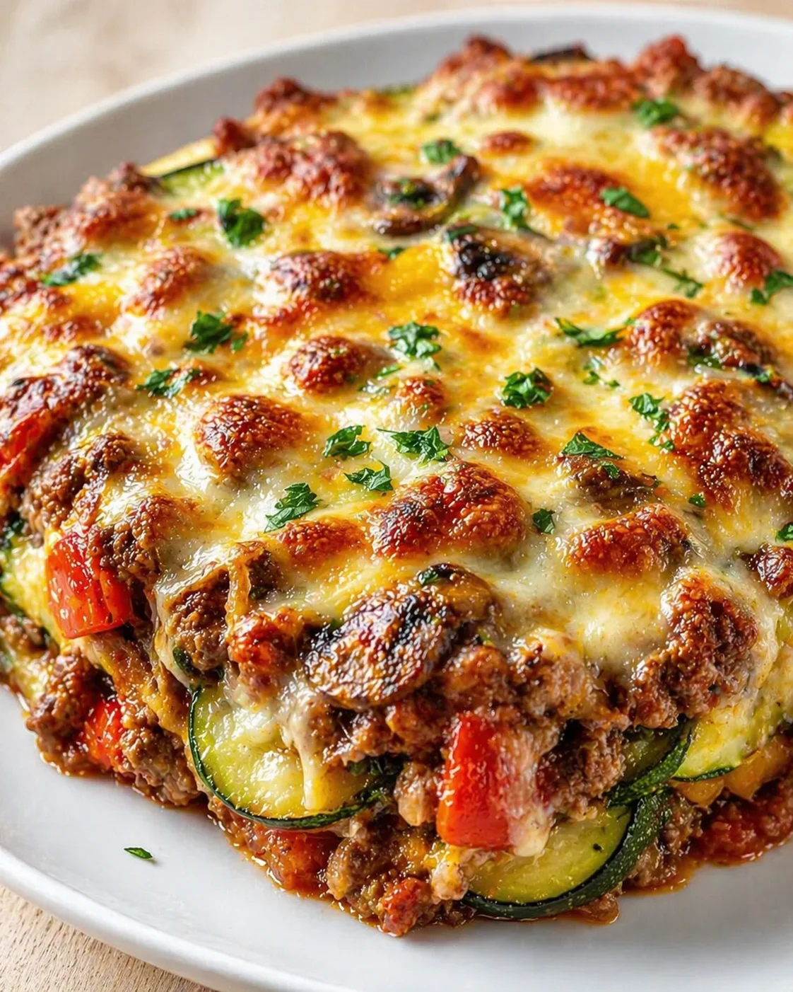 baked casserole with zucchini, ground beef, cheese, and parsley garnish