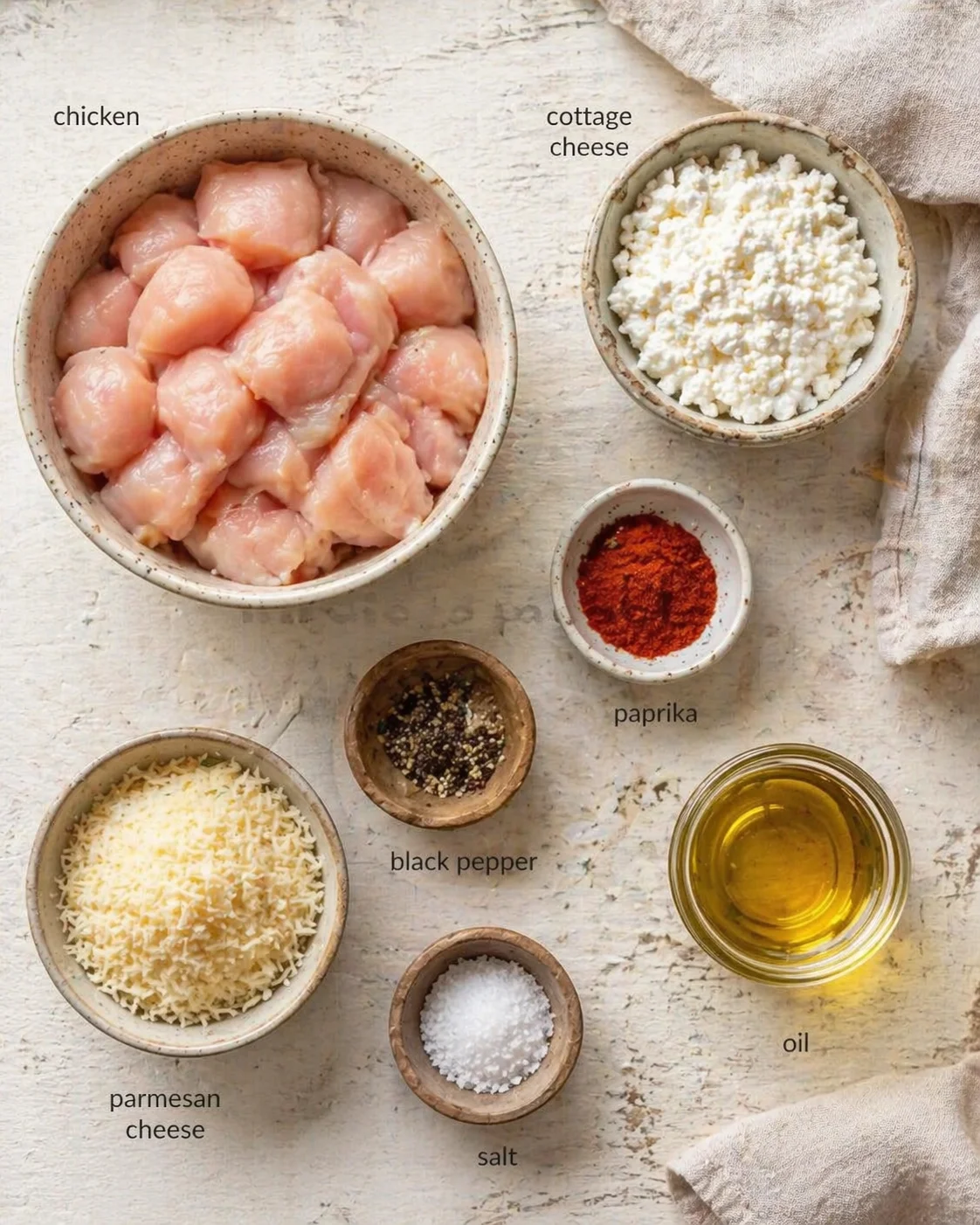 Top-down view of bowls with raw chicken, cottage cheese, parmesan, pepper, paprika, salt, and oil on a light wooden surface