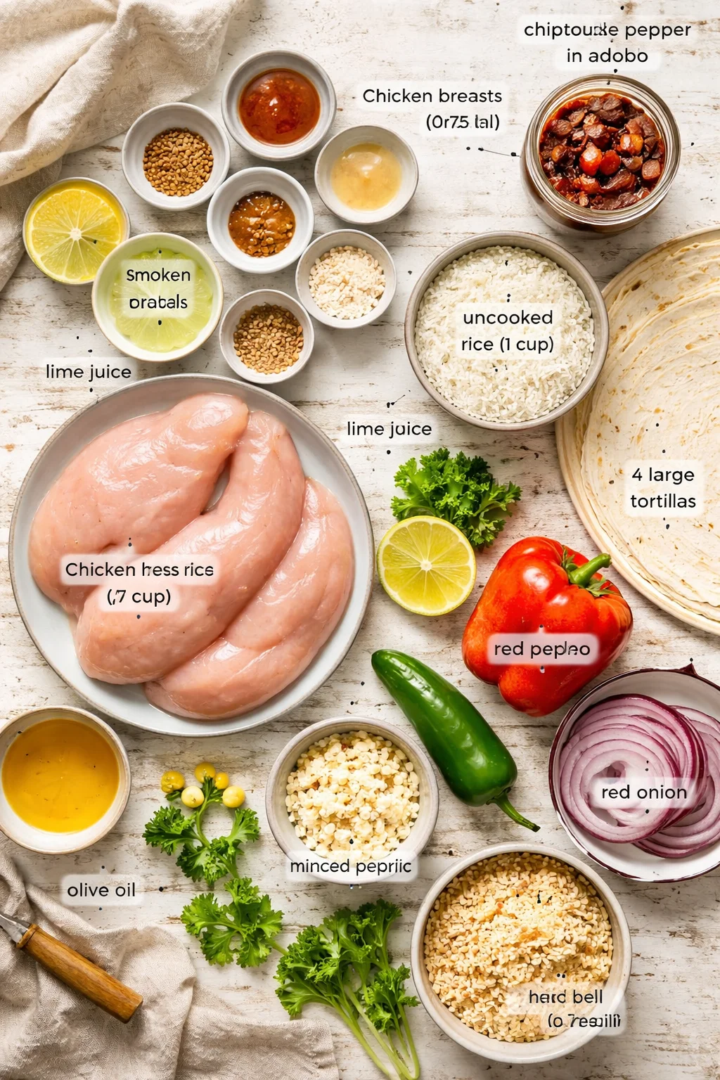 Overhead view of burrito ingredients on a rustic wooden surface: chicken, rice, tortillas, peppers, limes, herbs.