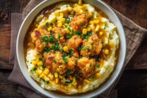 crispy chicken bites over mashed potatoes with corn and gravy in a white bowl