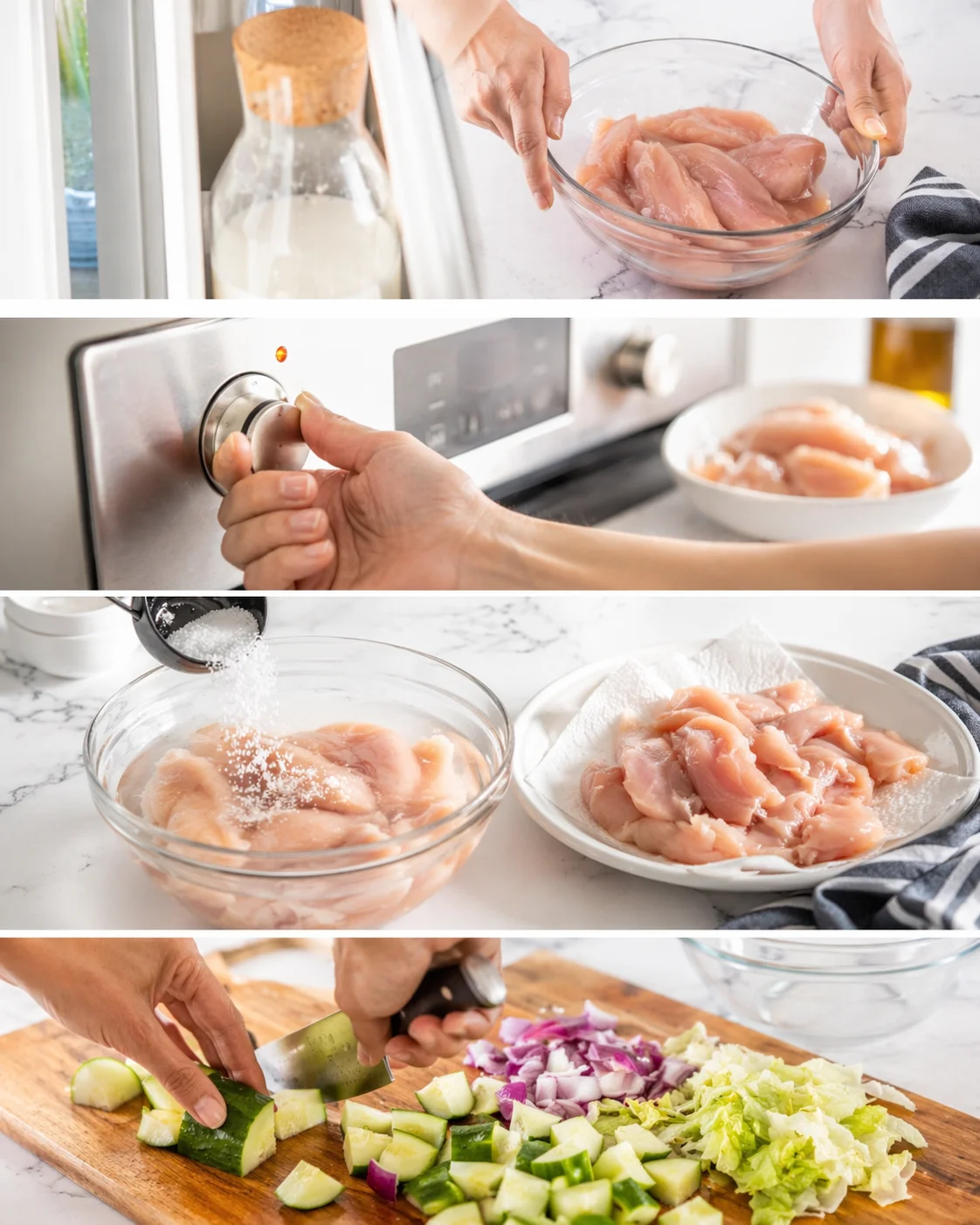collage of chicken-prep steps: milk, raw chicken, seasoning, and chopped vegetables on a cutting board in a bright kitchen.